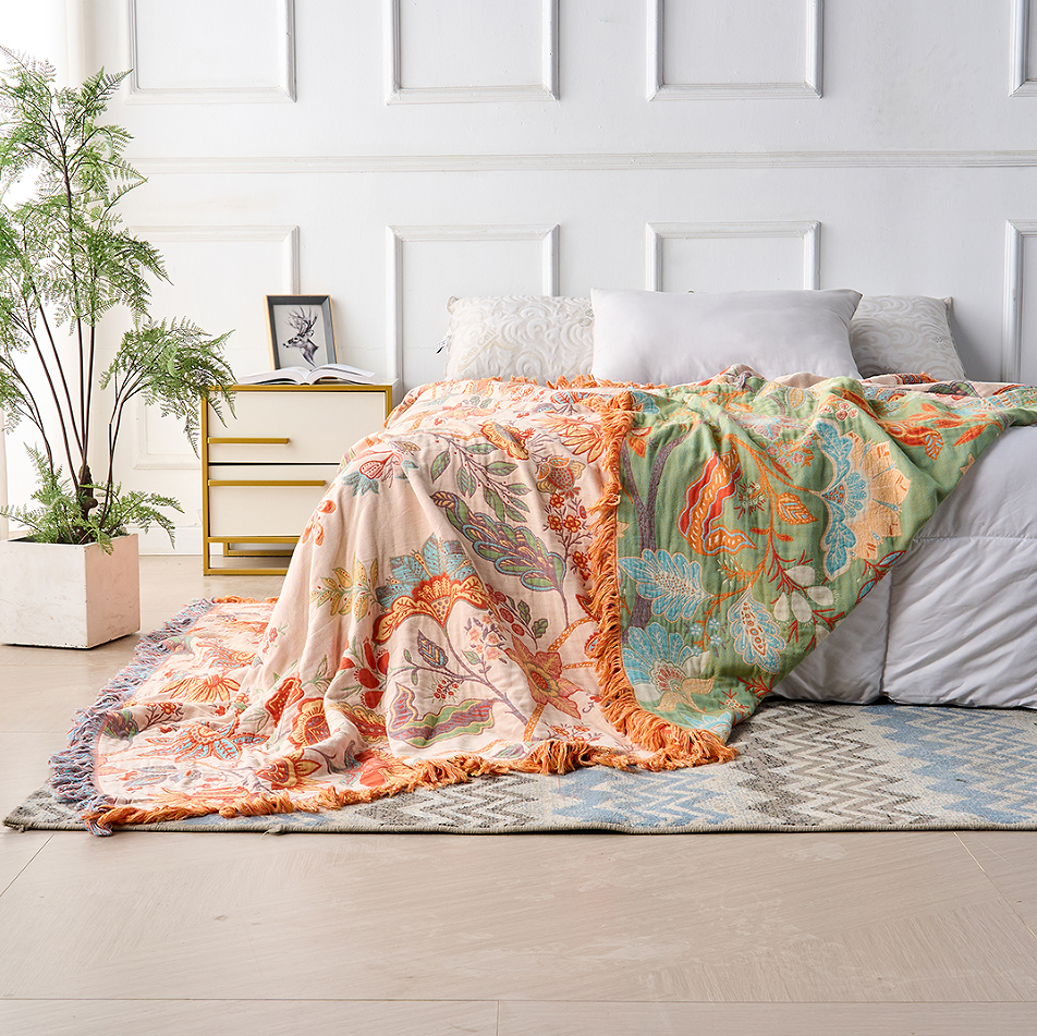 Cotton Throw Blanket with Tassels Floral Pattern Cream Orange Blue for Sofa Couch Bed Living Room Bedroom Bohemian Home Decor Lightweight