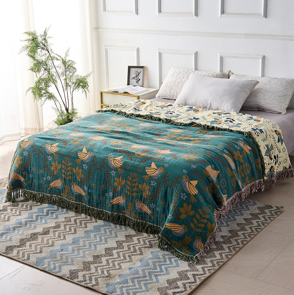 Cotton Throw Blanket Double-Sided Bird & Floral Design 100% Natural Fiber for Couch Bed Sofa Living Room Bedroom Decor Fringe Accents