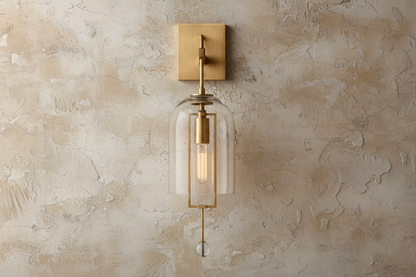 Elongated Glass Bell Sconce with Suspended Copper Frame 23 in Tall for Bedrooms Hallways Living Rooms Modern Vertical Wall Lighting Fixture