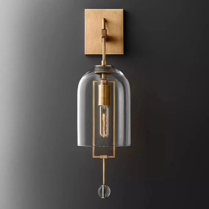 Elongated Glass Bell Sconce with Suspended Copper Frame 23 in Tall for Bedrooms Hallways Living Rooms Modern Vertical Wall Lighting Fixture