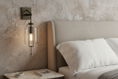 Elongated Glass Bell Sconce with Suspended Copper Frame 23 in Tall for Bedrooms Hallways Living Rooms Modern Vertical Wall Lighting Fixture
