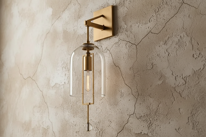 Elongated Glass Bell Sconce with Suspended Copper Frame 23 in Tall for Bedrooms Hallways Living Rooms Modern Vertical Wall Lighting Fixture