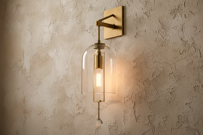 Elongated Glass Bell Sconce with Suspended Copper Frame 23 in Tall for Bedrooms Hallways Living Rooms Modern Vertical Wall Lighting Fixture