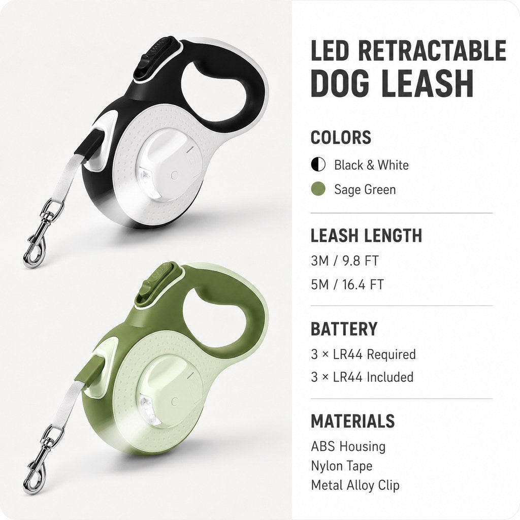 Ortekor LED Retractable Dog Leash for Evening Walks - Built-In Path Light, One-Hand Brake & 9.8/16.4 FT Range