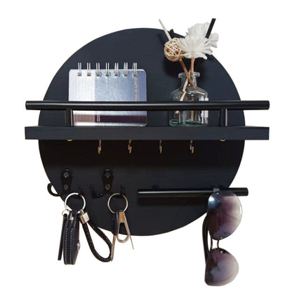 Circular Wood Wall Key Organizer with Shelf & Hooks for Entryway – Natural Finish, Multi-Hook Design for Keys, Accessories & Small Decor