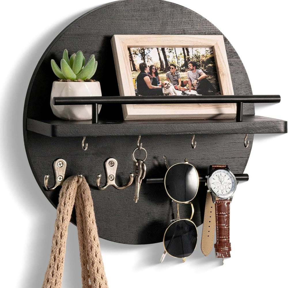 Circular Wood Wall Key Organizer with Shelf & Hooks for Entryway – Natural Finish, Multi-Hook Design for Keys, Accessories & Small Decor