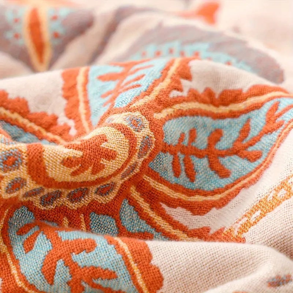 Artistic Boho Collection | Floral Cotton Throw Blanket with Playful Fringe | Cozy Layer for Home Decor