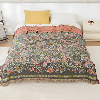 Reversible Cotton Gauze Throw Blanket with Tassels – Floral Boho Design for Couch, Bed & Living Room Decor