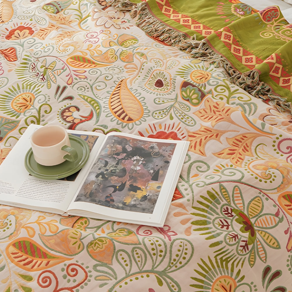 Aurelia Boho Blanket - Reversible Cotton Gauze, Floral Design