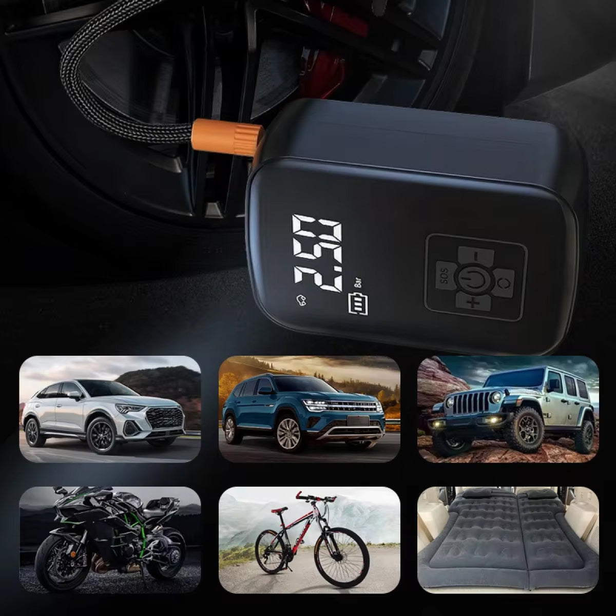 Portable Battery Air Compressor with Auto Shutoff & LED Light for Cars, Bikes, Sports Equipment