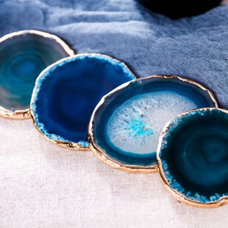 Natural Stone Drink Coasters Set of 2 with Gold-Trimmed Edges for Coffee Table, Dining Room, Kitchen & Bar