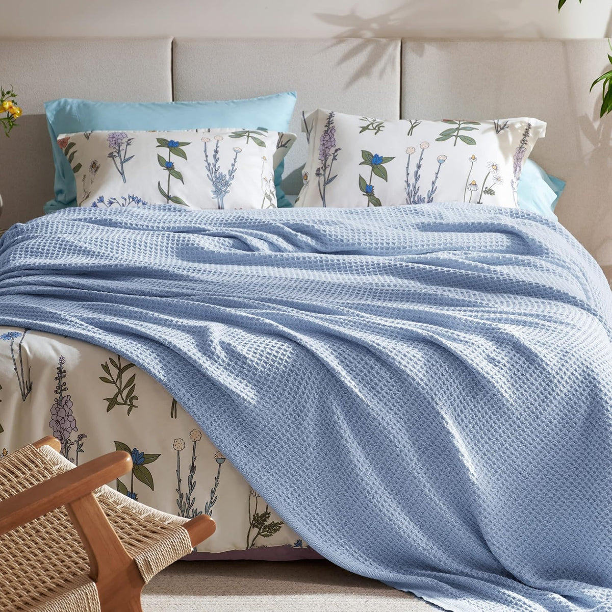 Pure Cotton Thermal Blanket – Queen 90×90 in – Textured Weave Layer for All Seasons – Lightweight & Breathable Throw for Bed or Sofa