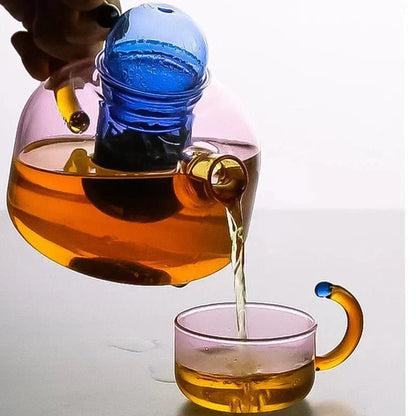 Heat-Resistant Glass Infuser Set 14 oz Amber Loose Leaf Brewing Pot Matching Cups Filter Kitchen Counter Drinkware Herbal Blend Station Orga