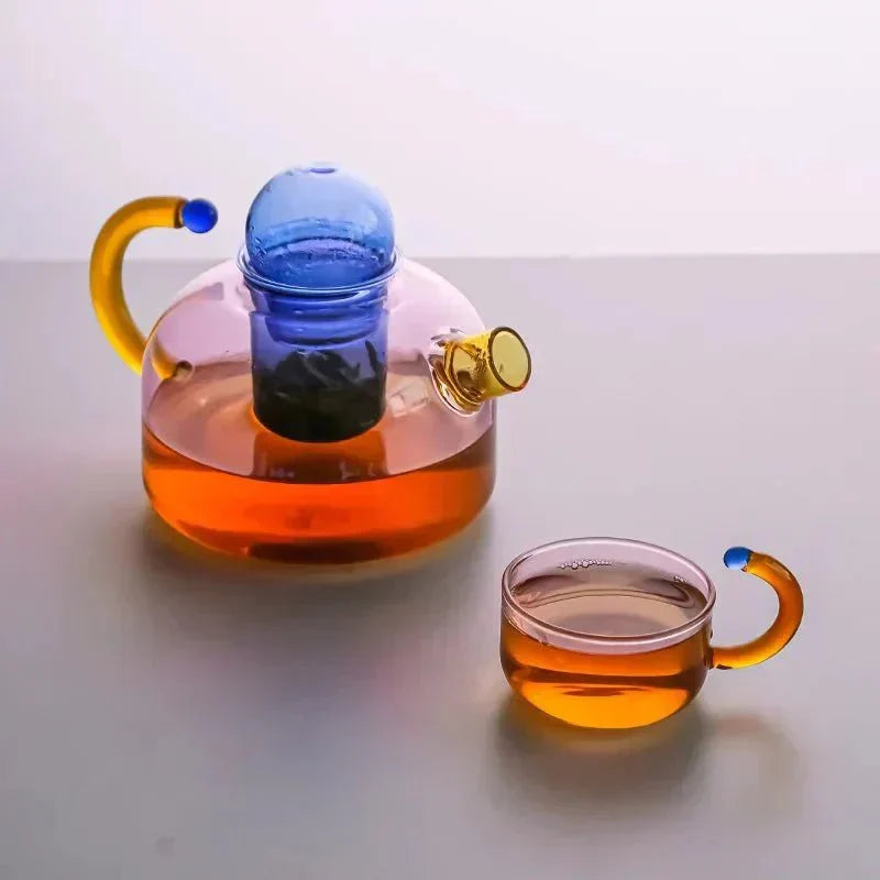 Heat-Resistant Glass Infuser Set 14 oz Amber Loose Leaf Brewing Pot Matching Cups Filter Kitchen Counter Drinkware Herbal Blend Station Orga
