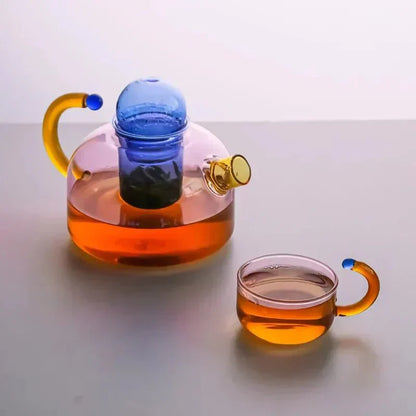 Heat-Resistant Glass Infuser Set 14 oz Amber Loose Leaf Brewing Pot Matching Cups Filter Kitchen Counter Drinkware Herbal Blend Station Orga