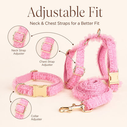 Ortekor Boutique Lace Dog Harness, Collar & Leash Set for Birthday Photos & Daily Walks - 3-Piece Ruffle Walking Set