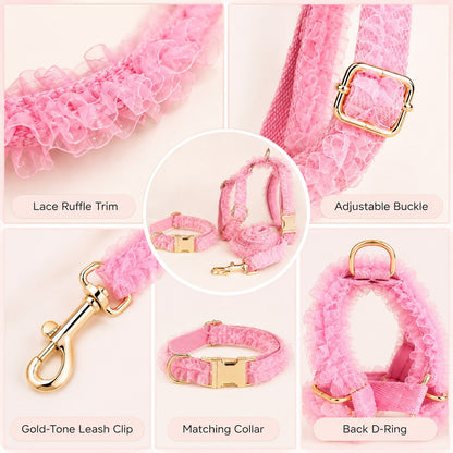 Ortekor Boutique Lace Dog Harness, Collar & Leash Set for Birthday Photos & Daily Walks - 3-Piece Ruffle Walking Set