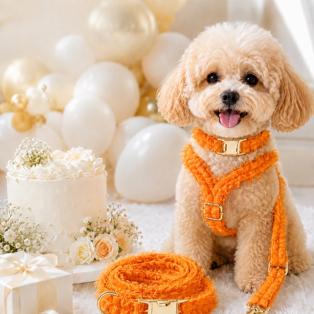 Ortekor Boutique Lace Dog Harness, Collar & Leash Set for Birthday Photos & Daily Walks - 3-Piece Ruffle Walking Set