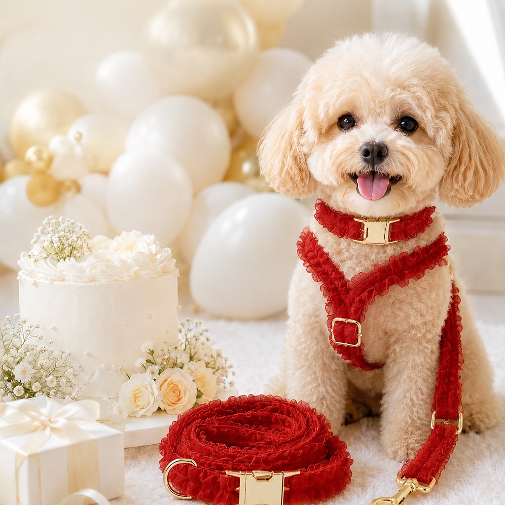 Ortekor Boutique Lace Dog Harness, Collar & Leash Set for Birthday Photos & Daily Walks - 3-Piece Ruffle Walking Set