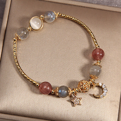 Labradorite & Strawberry Quartz Beaded Bracelet with Moon & Star Charm – Women's Gemstone Jewelry for Meditation & Everyday Wear