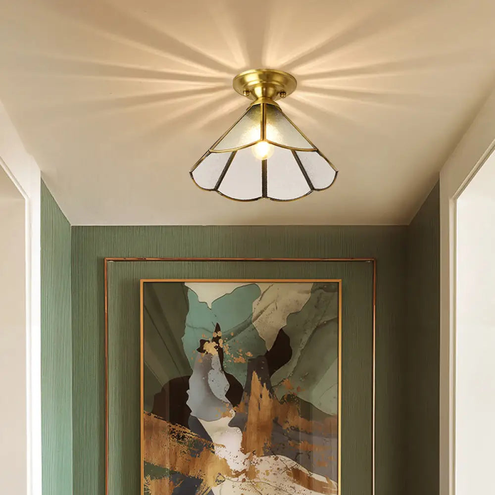 Colonial Scalloped Ceiling Light Brass Finish Semi Flush Mount for Living Room Bedroom Hallway Single Bulb Metal Fixture Traditional