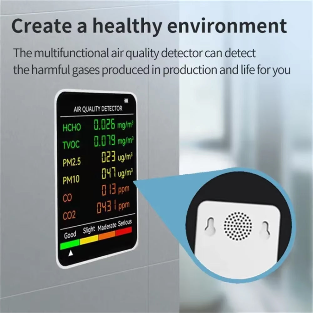 6-in-1 Indoor Air Quality Monitor with Real-Time CO2, PM2.5, TVOC, Temperature & Humidity Tracking for Home, Office & Bedroom