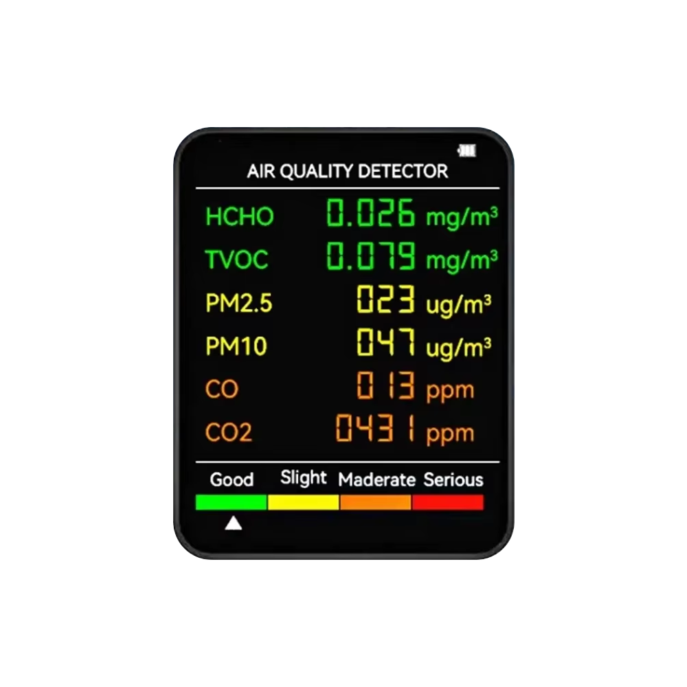 6-in-1 Indoor Air Quality Monitor with Real-Time CO2, PM2.5, TVOC, Temperature & Humidity Tracking for Home, Office & Bedroom