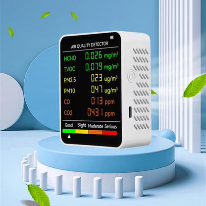 6-in-1 Indoor Air Quality Monitor with Real-Time CO2, PM2.5, TVOC, Temperature & Humidity Tracking for Home, Office & Bedroom