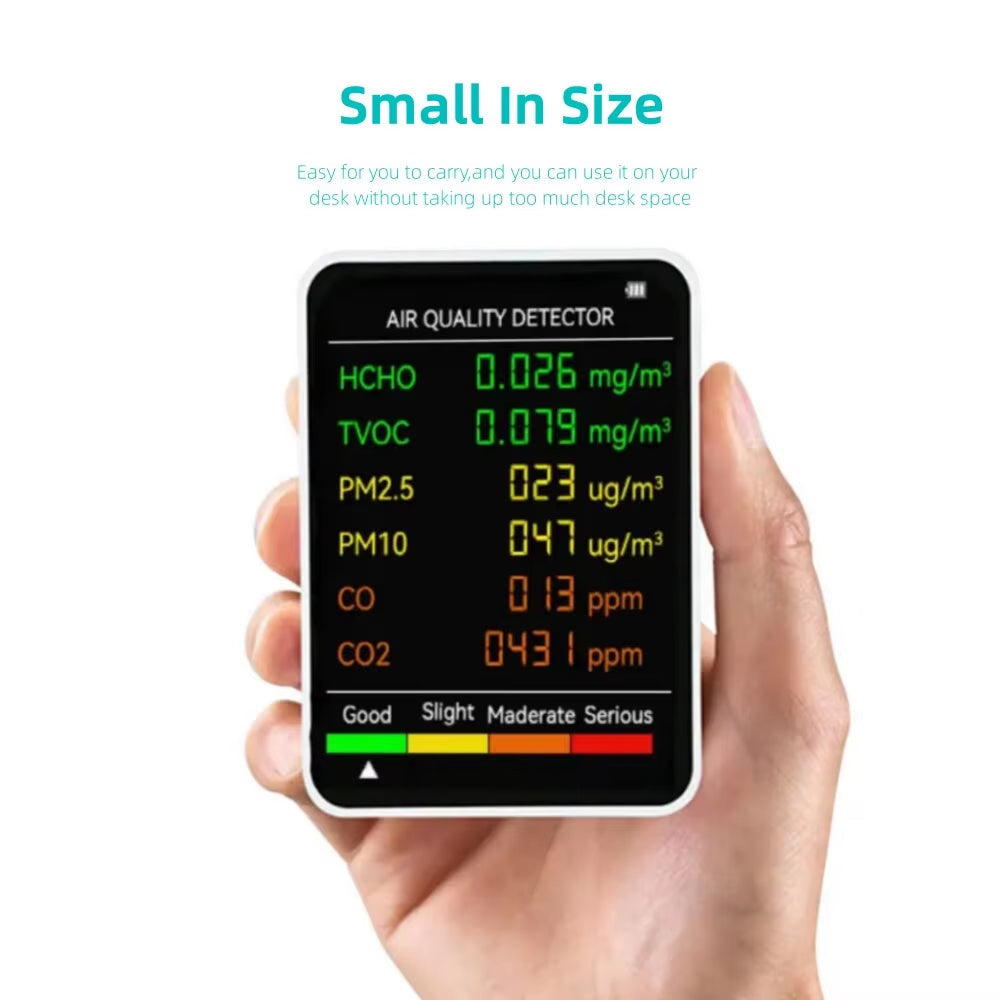 6-in-1 Indoor Air Quality Monitor with Real-Time CO2, PM2.5, TVOC, Temperature & Humidity Tracking for Home, Office & Bedroom