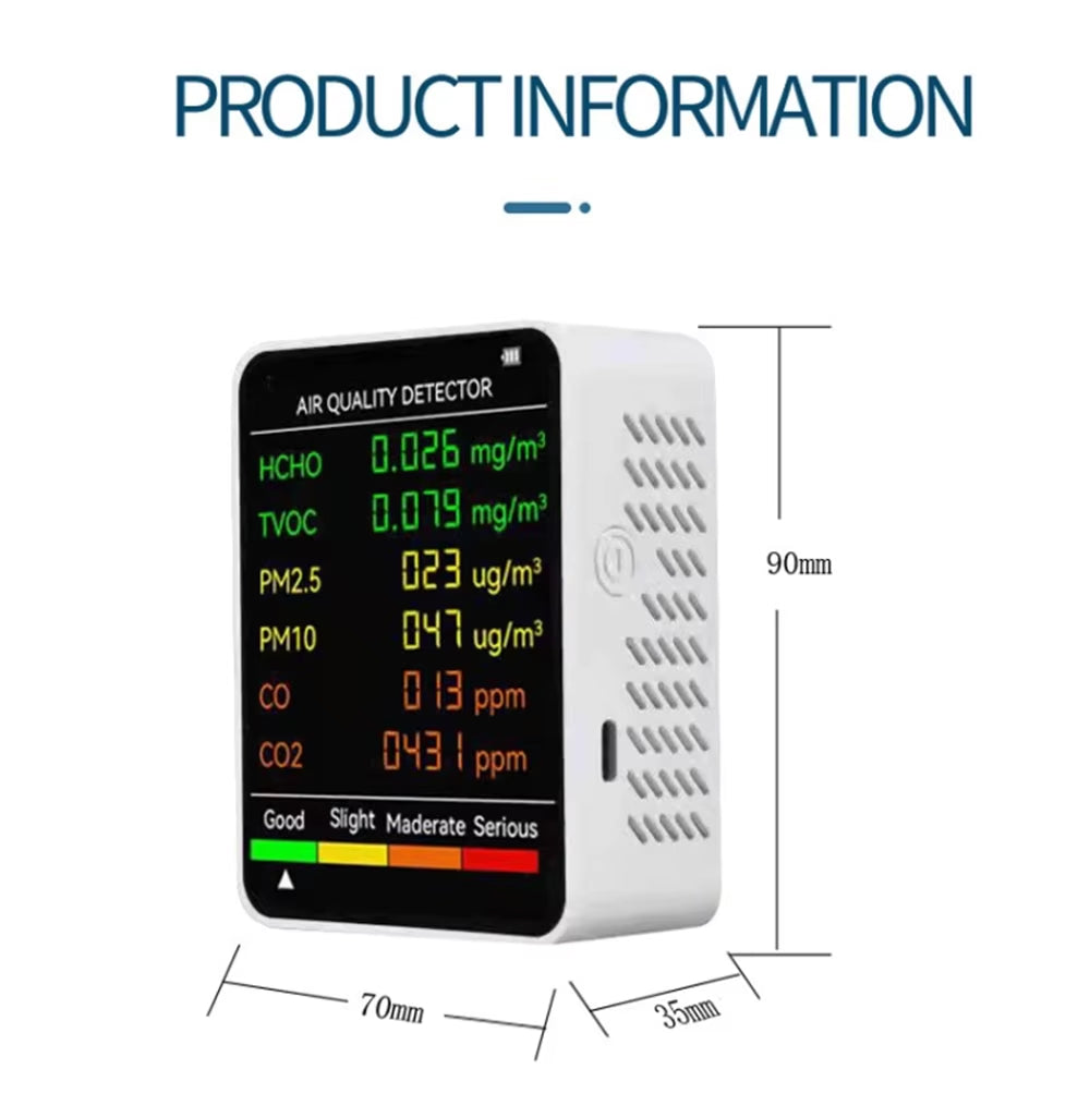 6-in-1 Indoor Air Quality Monitor with Real-Time CO2, PM2.5, TVOC, Temperature & Humidity Tracking for Home, Office & Bedroom