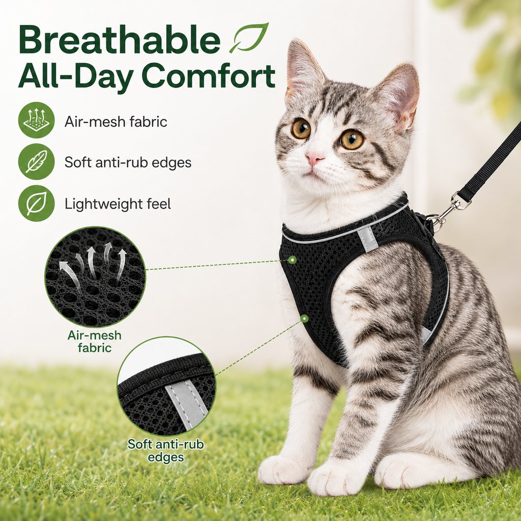 Ortekor Breathable Cat Harness & Leash Set for Outdoor Walks - Adjustable Escape-Resistant Step-In Vest