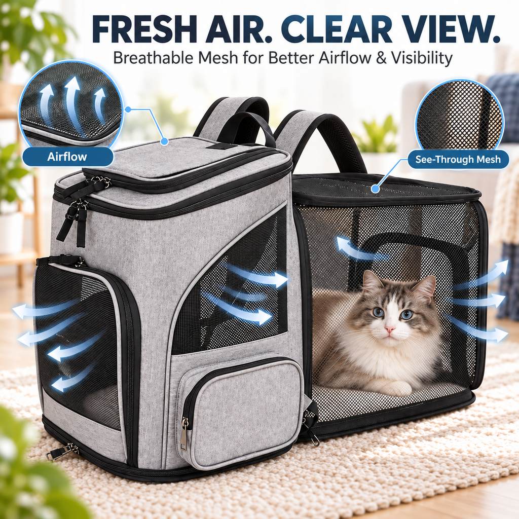 Ortekor Expandable Pet Carrier Backpack for Cats & Small Dogs - Breathable Mesh Travel Backpack with Extra Rest Space for Trips & Vet Visits