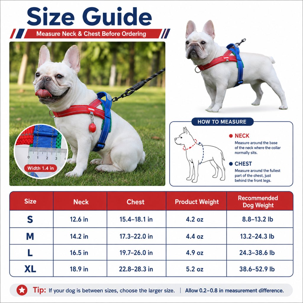 Ortekor No-Choke French Bulldog Harness & Leash Set for Daily Walks - Reflective, Easy-Control Fit for Broad-Chest Dogs