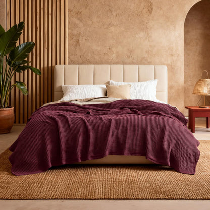 Cotton Throw Blanket for Bed, Waffle Weave Queen Size Blanket for All Seasons, Soft Breathable Cotton Blanket for Couch