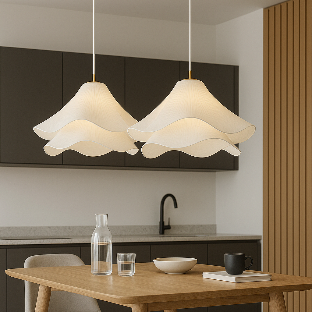 Layered Fabric Hanging Lamp 24 Inch Floral Ceiling Light for Dining Room Living Room Kitchen Modern Minimalist Adjustable Drop Fixture Neutr