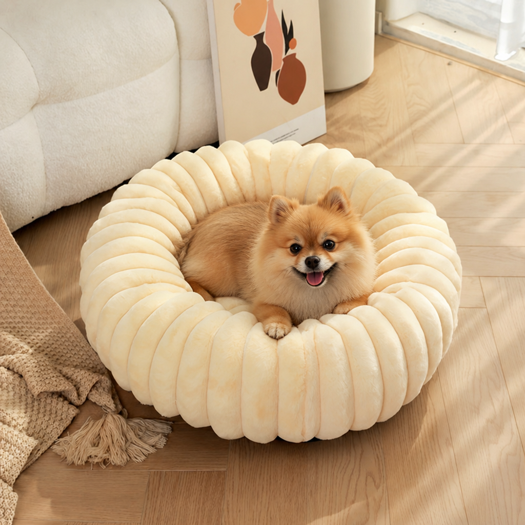 Ortekor Long-Pile Plush & Insulated Round Dog Bed (For Small Dogs & Cats)