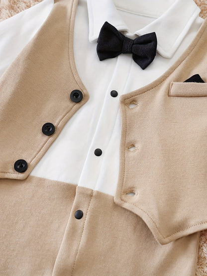 Baby Boy Formal Romper with Bow Tie | Dapper Tuxedo One-Piece Outfit for Infants & Toddlers | Cotton Gentleman Suit for Weddings