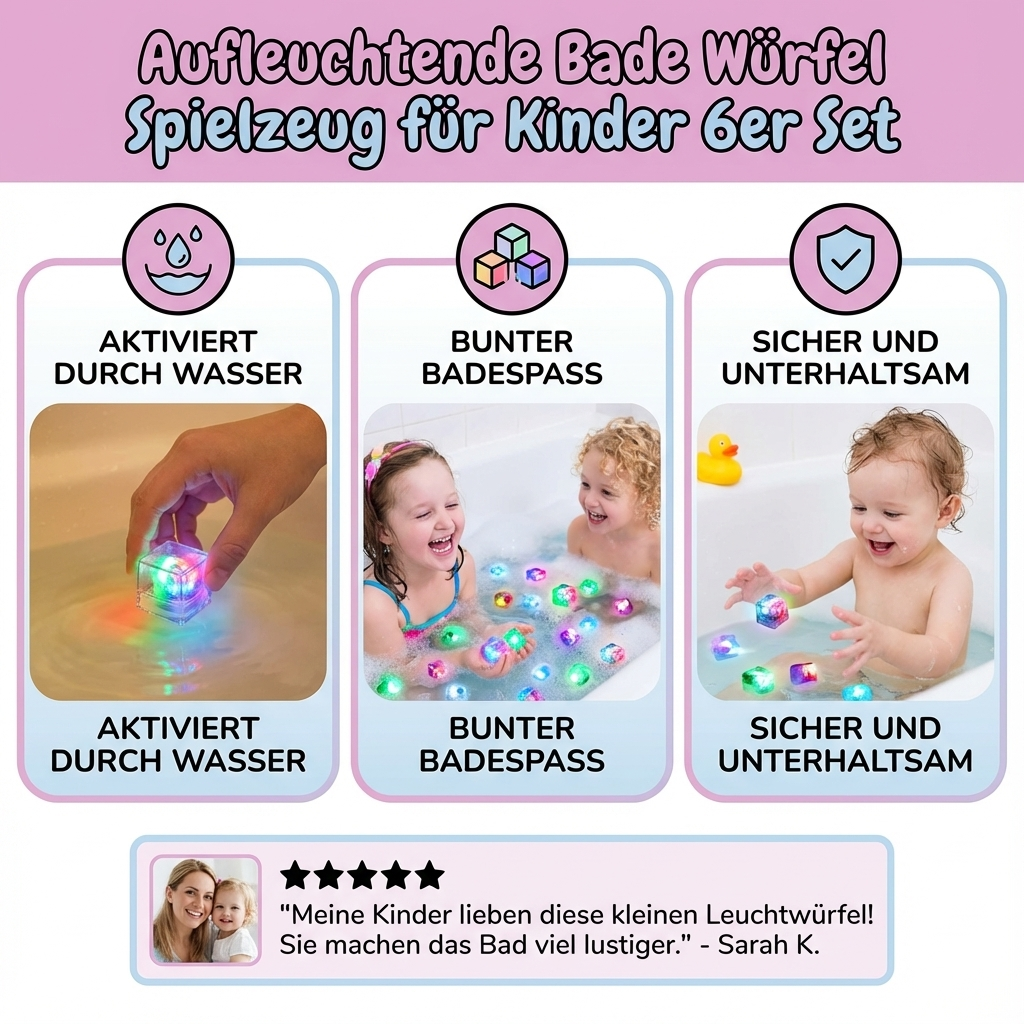 Light-Up Bath Cubes for Kids 6-Pack Waterproof LED Floating Toys Sensory Play Color-Changing Glow Cubes for Toddlers Bathtub Fun