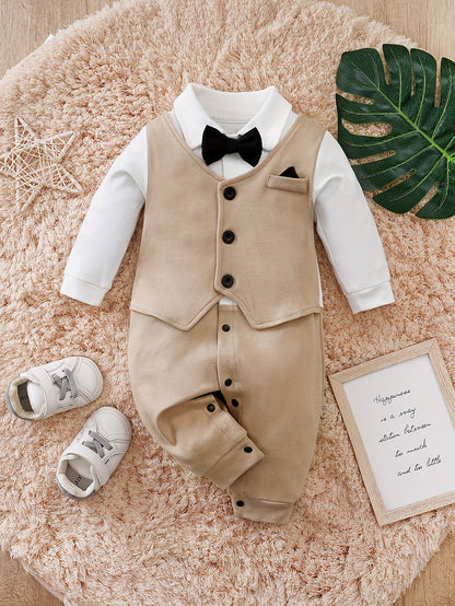 Baby Boy Formal Romper with Bow Tie | Dapper Tuxedo One-Piece Outfit for Infants & Toddlers | Cotton Gentleman Suit for Weddings