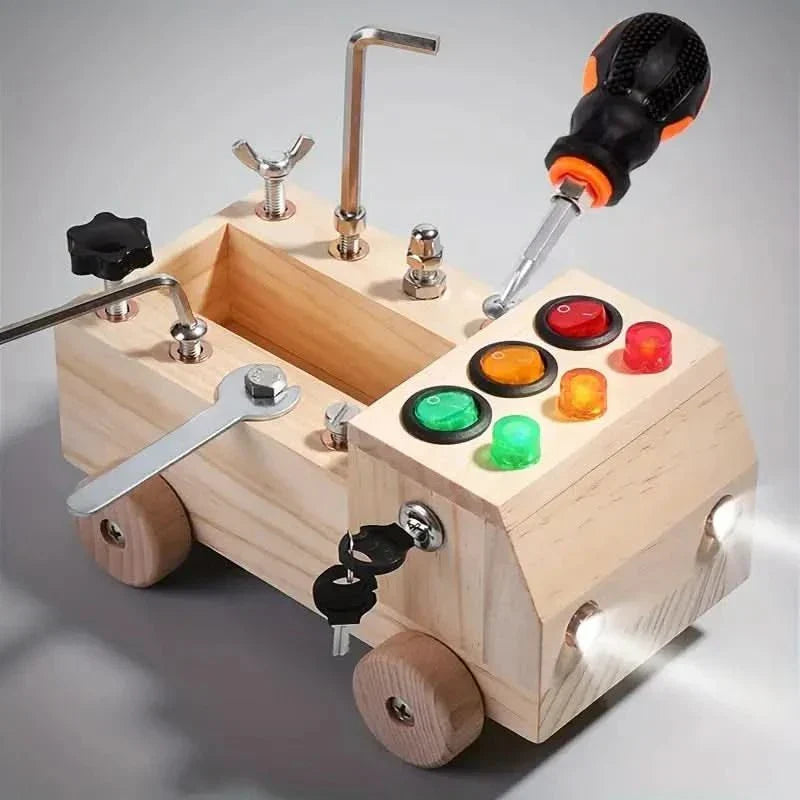Interactive Wooden Activity Panel with LED Traffic Lights for Kids Ages 3-12 Years Sensory Learning Toy Develops Hand-Eye Coordination
