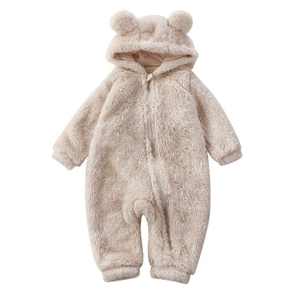 Hooded Fleece Jumpsuit for Infants & Toddlers with Animal Ears | Zip-Front Bodysuit for Boys & Girls | Winter Sleepwear 0-36 Months