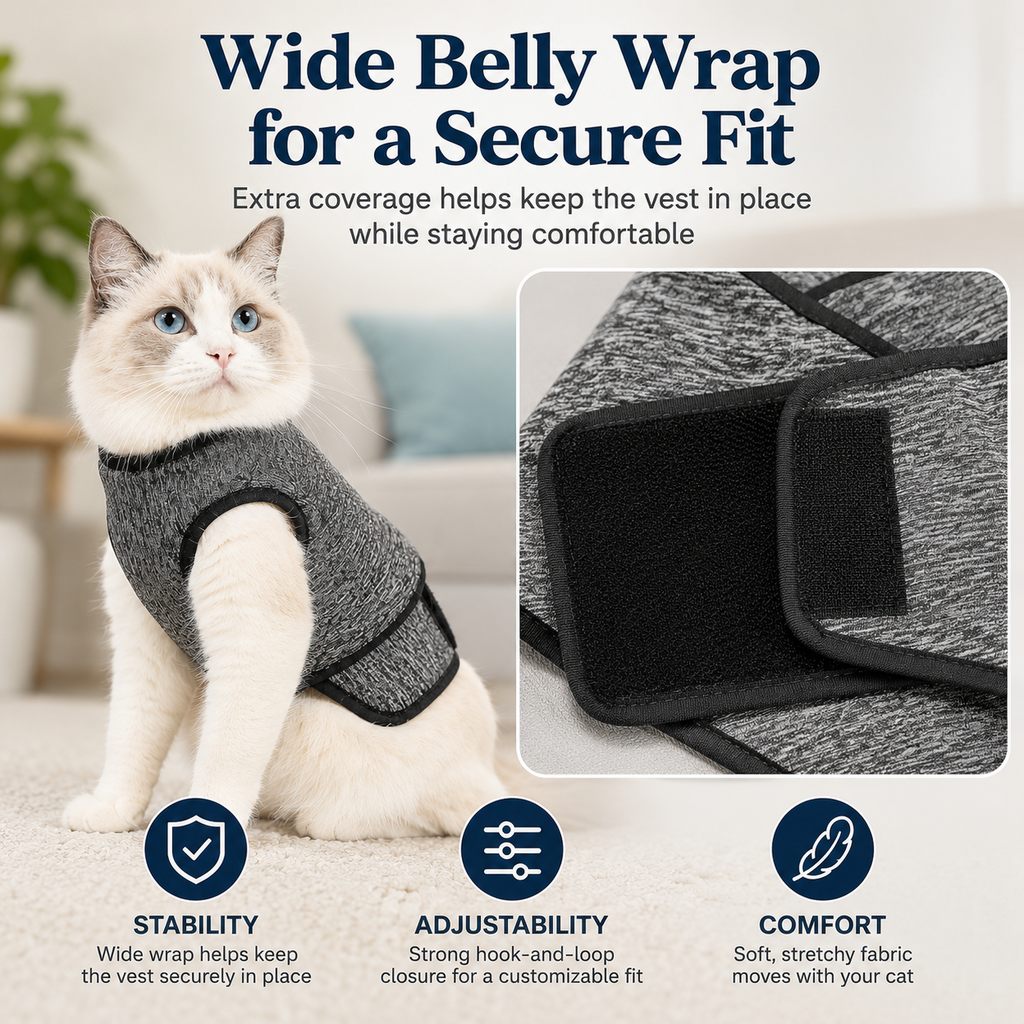 Ortekor Cat Calming Vest for Thunderstorms, Travel & Quiet Time - Soft Adjustable Comfort Wrap for Nervous Cats