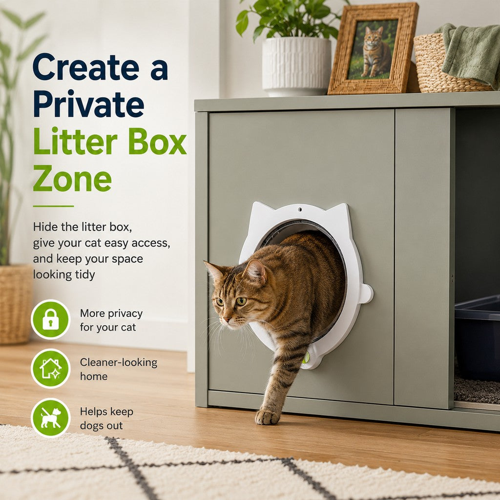 Ortekor 4-Way Locking Interior Cat Door for Litter Box Cabinets & Rooms - Private Access Without Door Scratching