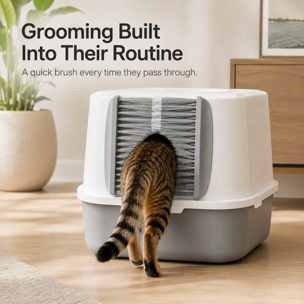 Ortekor Cat Litter Box Self-Grooming Brush Door – Automatic Loose Fur Catcher for Enclosed Litter Boxes & Cleaner Homes, 2-Piece Set