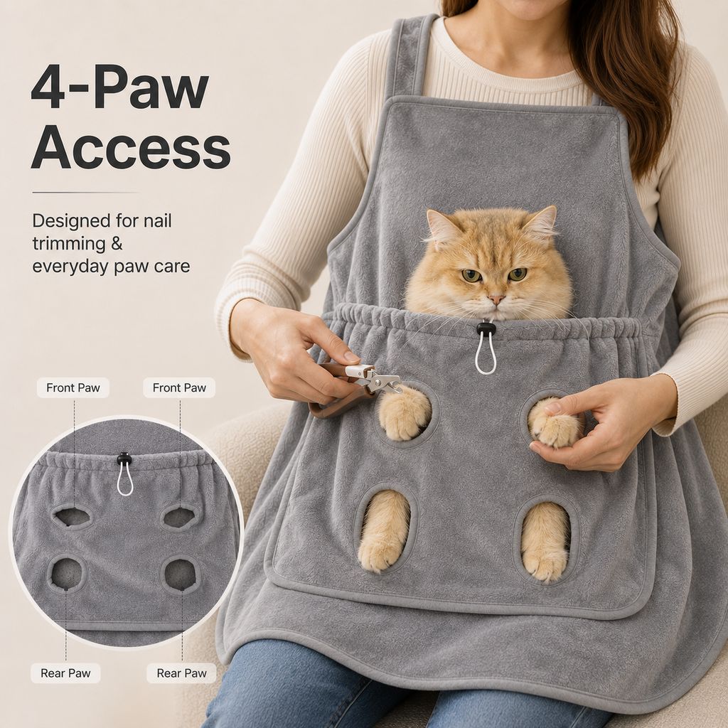 Ortekor Cat Grooming & Cuddle Apron – Wearable Plush Cat Pouch with 4-Paw Access for Easier Nail Trimming, Paw Care & At-Home Cuddling