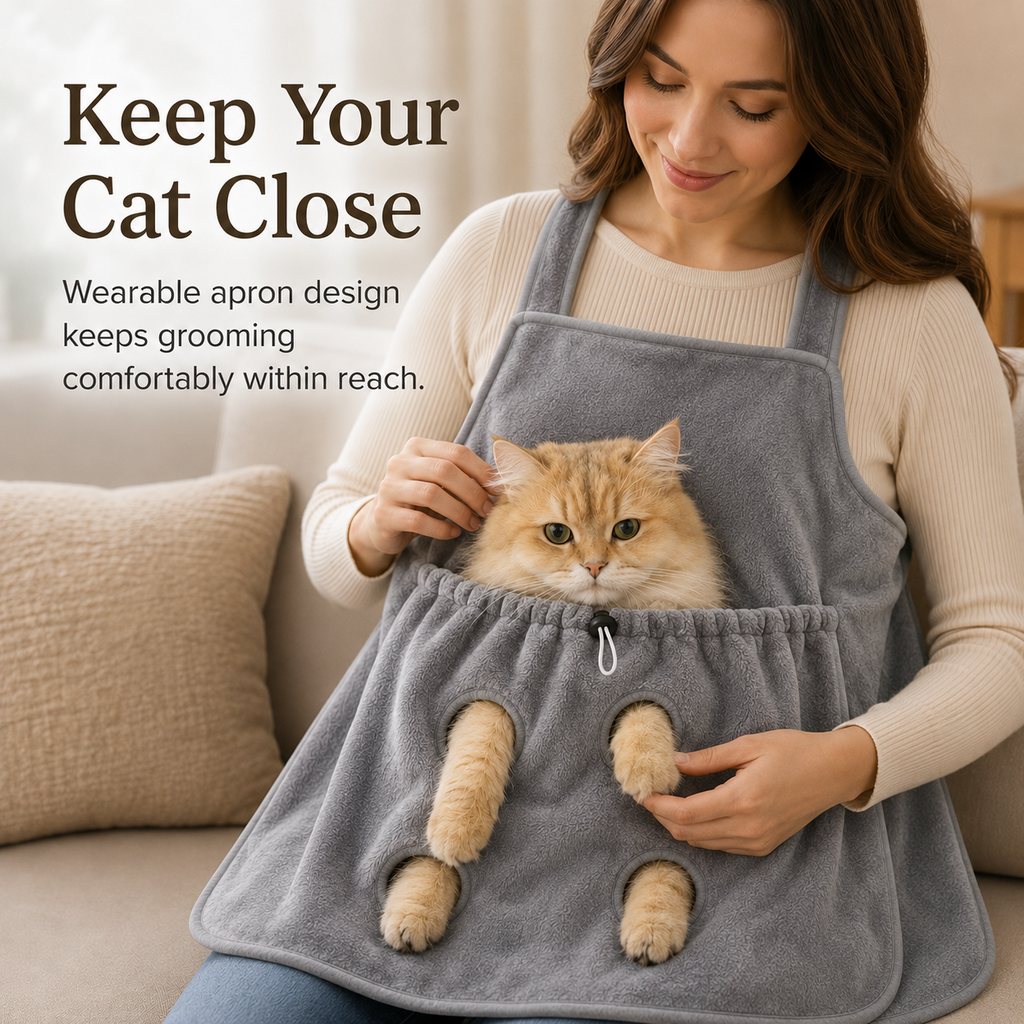 Ortekor Cat Grooming & Cuddle Apron – Wearable Plush Cat Pouch with 4-Paw Access for Easier Nail Trimming, Paw Care & At-Home Cuddling