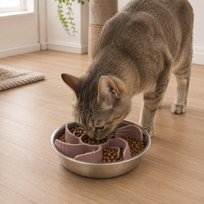 Ortekor Cut-to-Fit Slow Feeder Insert & Stainless Steel Bowl Set for Fast-Eating Dogs & Cats
