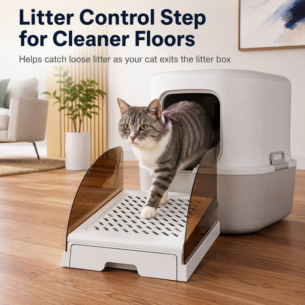 Ortekor Adjustable Cat Litter Box Step with Pull-Out Tray for Cleaner Floors