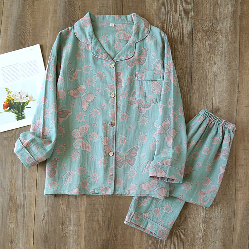 Women's Vintage Butterfly Print Cotton Pajama Set Short Sleeve Two Piece Sleepwear for Spring Summer Loungewear