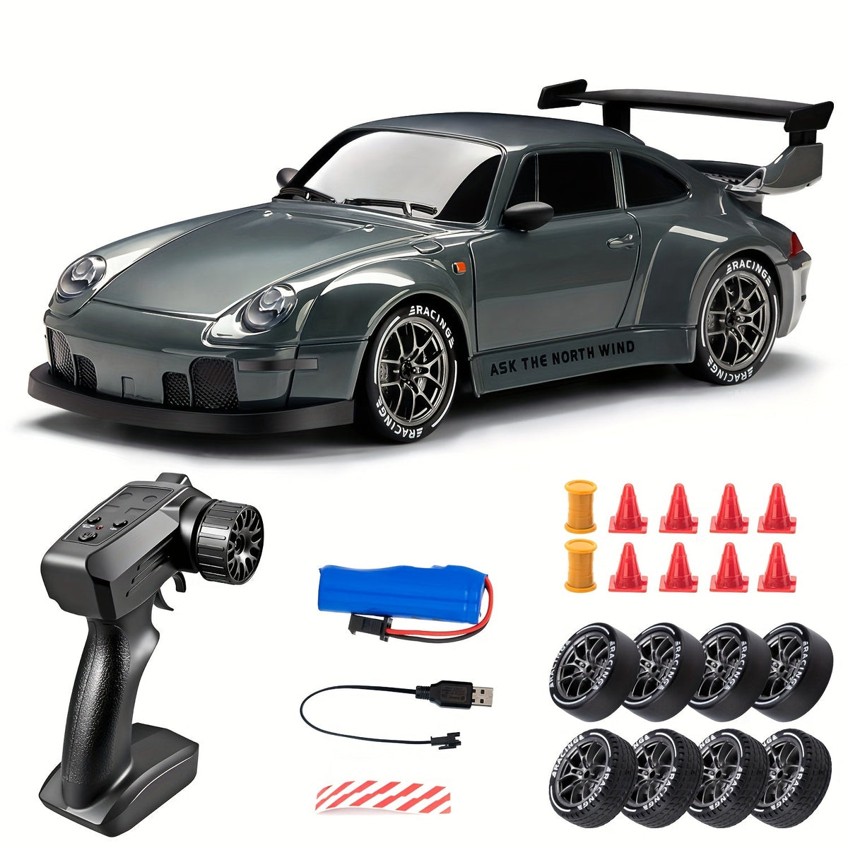 4WD Remote Control Racing Car with Light-Up Wheels – Gray 1:24 Scale Rechargeable Drift Vehicle for Kids & Hobbyists